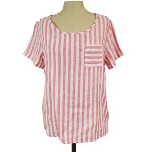Christian Siriano 100% Linen Striped Short Sleeve Top M Preppy Coastal Beach